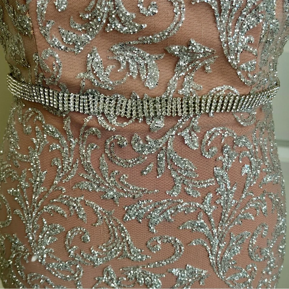 Portia & Scarlett Embellished High-Neck Halter Mermaid Gown Pink Silver Sz S - Picture 6 of 16
